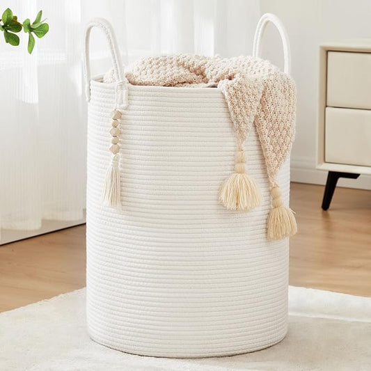 Fiona's magic Woven Rope Laundry Hamper, Tall Laundry Basket for Blanket Storage, Large Dirty Clothes Hamper for Toys, Decorative Baby Nursery Hamper for Bedroom, Living Room - White, 72L