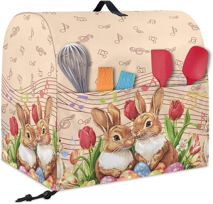 Generic Cute Rabbit Stand Mixer Cover for Easter Decor, Kitchen Dust Cover, 6-8 Quart, Lightweight, Waterproof, Polyester, Drawstring Closure, Top Handle, Pockets for Accessories