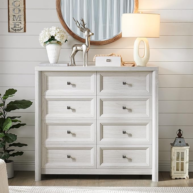 41" Tall White Dresser, Farmhouse 8 Drawers Dressers for Bedroom, Vertical Chest of Drawers for Bedroom Nursery with Metal Handle, Modern Rustic Wood Dresser for Closet, Living Room
