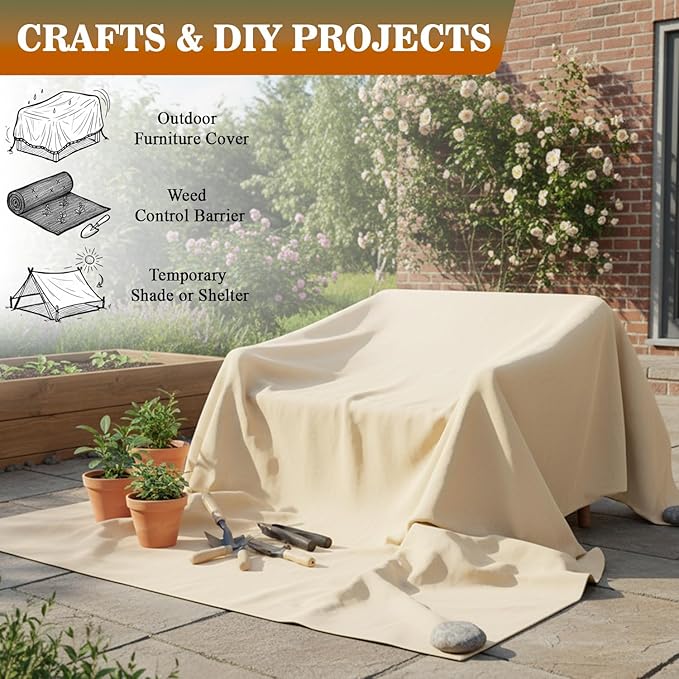 Drop Cloth for Painting (12X15 ft, 1 Pack) Washable and Reusable Canvas Fabric for Furniture & Floor Protection Highly Absorbent Paint Cover - Duck Dropcloth for Outdoor and Indoor use