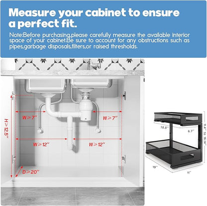 1 Pack 19IN Depth Under Sink Storage Organizer, Large 2-Tier Elegant Mesh Pull Out Shelf for Kitchen and Bathroom Cabinet Organization, L-Shaped and Adjustable Height Design-Black