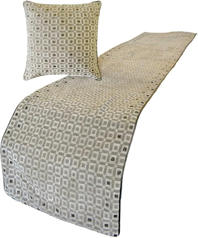 The HomeCentric King/Queen/Twin Grey Decorative King 90"x18" Bed Runner with Pillow Cover, Checkered, Beaded, Hand Embroidery Bed Scarf on Velvet Fabric - The Brick Effect