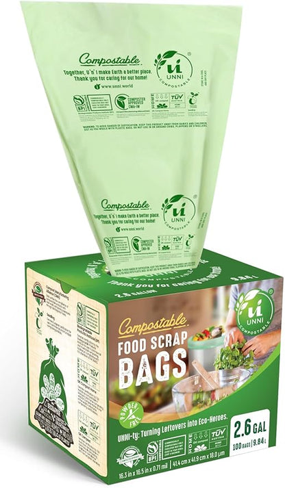 UNNI Compostable Trash Bags, 2.6 Gallon / 9.84 Liter, 100 Count, Extra Thick 0.71 Mil Small Kitchen Food Scrap Bin Liners, Certified by BPI, CMA & OK compost HOME, Meets the ASTM D6400 Standard