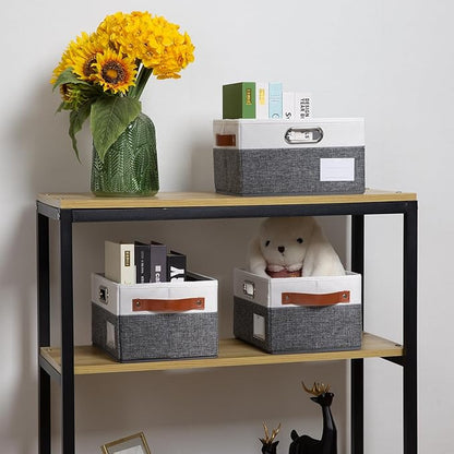 PRANDOM Foldable Storage Bins with Handles [3-Pack] Fabric Collapsible Storage Boxes Baskets Cubes Containers with Handles for Closet Living Room Bedroom (Grey & White 11.5x8.5x6.7'')