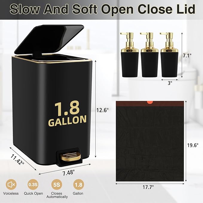 Small Bathroom Trash Can with Lid Soft Close, 1.8 Gallon Stainless Steel Garbage Can with Removable Inner Bucket,3PCS Soap Dispenser,75Count Trash Bag, Slim Step Pedal Trash Bins