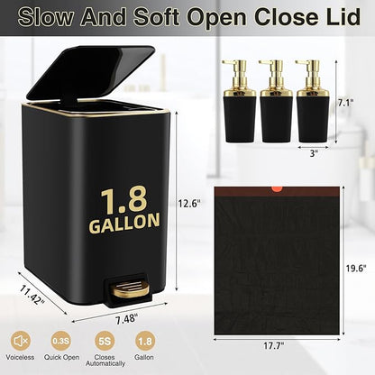 Small Bathroom Trash Can with Lid Soft Close, 1.8 Gallon Stainless Steel Garbage Can with Removable Inner Bucket,3PCS Soap Dispenser,75Count Trash Bag, Slim Step Pedal Trash Bins