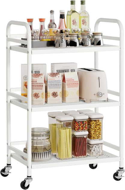 HDANI 3 Tier Rolling Cart,Heavy Duty Multifunctional Metal Frame-Supports 22 Lbs Per Tier,Rolling Cart with 2 Lockable Wheels for Office,Home,Bedroom,Kitchen,Bathroom (White)…