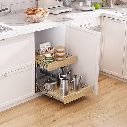 Pull Out Cabinet Organizer,Heavy-Duty Slide Out Shelf, Wood and Wire Basket, Pull Out Drawer for for Kitchen Under Sink Space, Pantry, Bathroom, 2 Tie 26 * 21 in