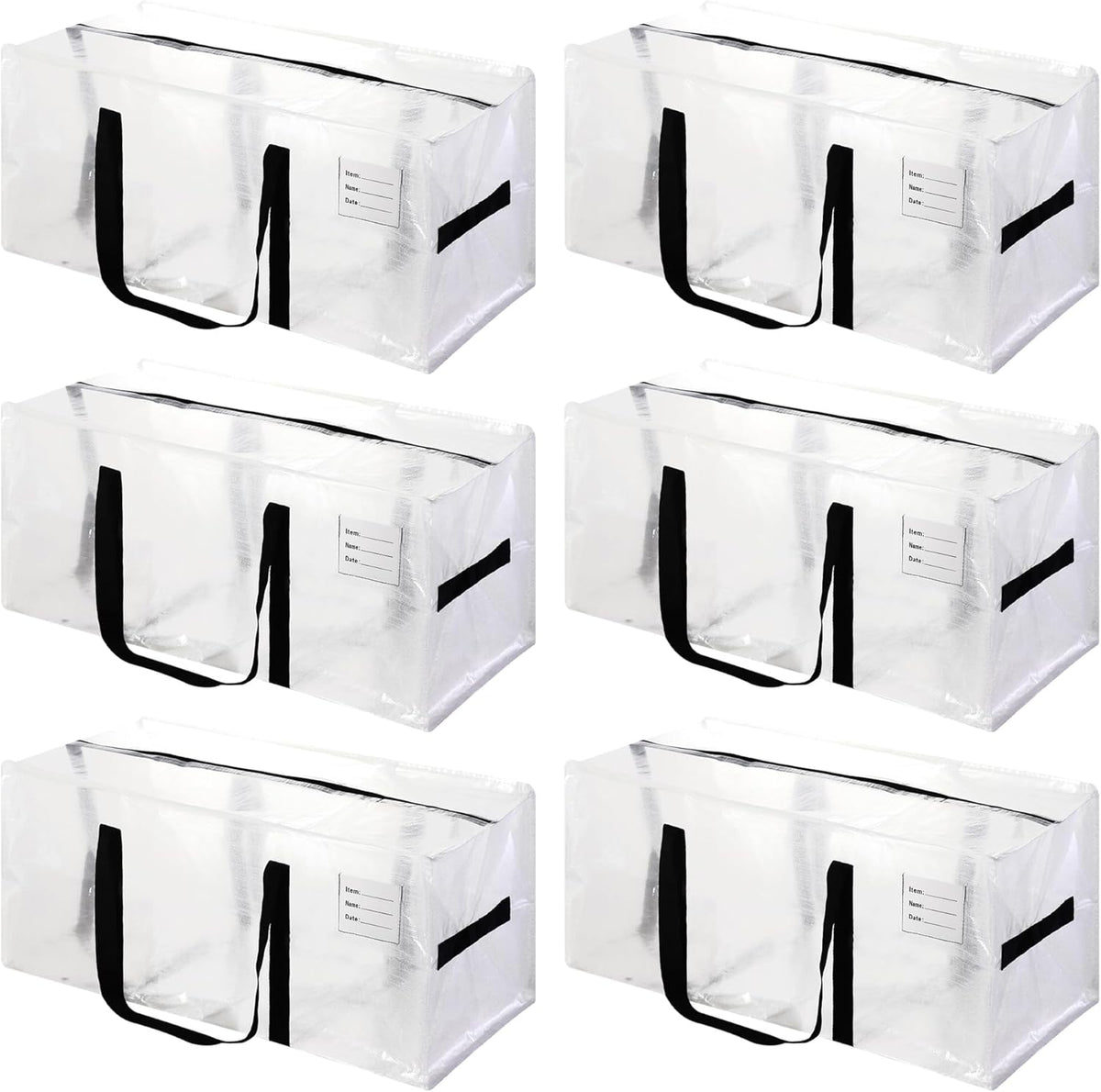 6 Pack Heavy Duty Extra Large Moving Bags with Black Handles, Waterproof Foldable Storage Totes, Clothing Storage Bags, Packing Moving Boxes for College Supplies & Seasonal Storage, Clear