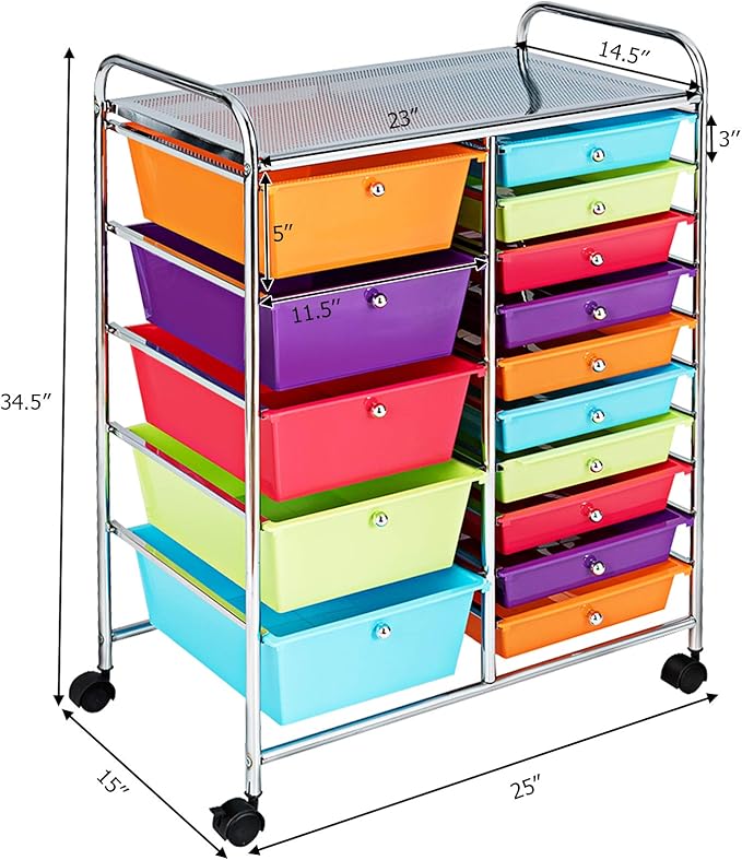 GOFLAME 15-Drawer Rolling Storage Cart, Multipurpose Movable Organizer, Utility Cart for Home, Office, School, Multicolored