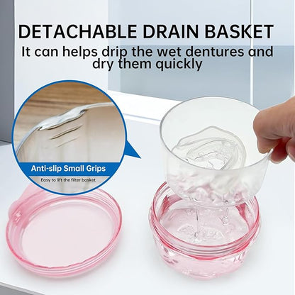 Denture Bath Case Denture Cleaning Cup with Lid Leak Proof, False Teeth Holder Mouthguard Storage Box Retainer Soaking Case for TravelHousehold|Office - Transparent Pink
