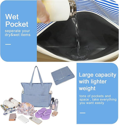 Waterproof Beach Tote Pool Bags for Women Ladies Extra Large Gym Tote Carry On Bag With Wet Compartment for Weekender Travel