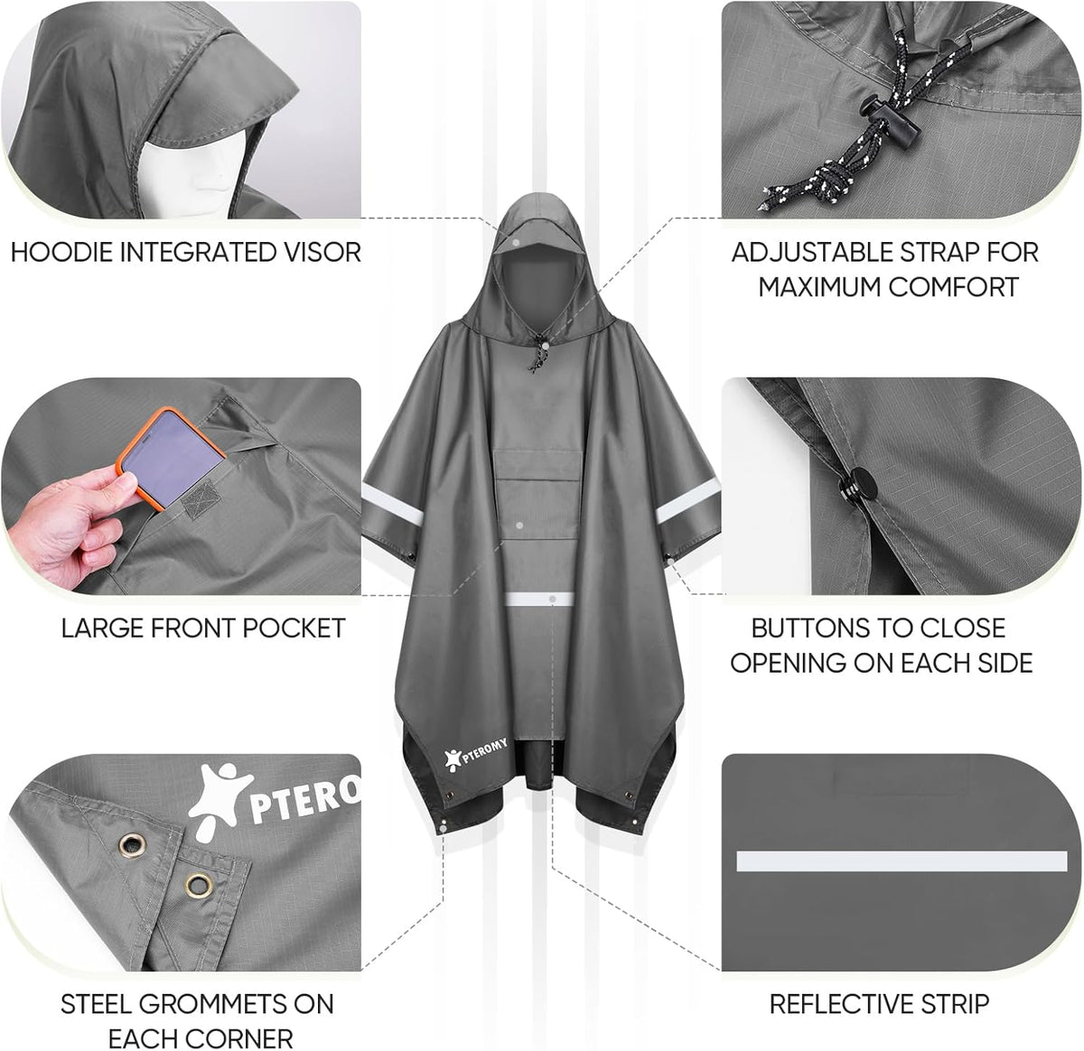 PTEROMY Hooded Rain Poncho for Adult with Pocket, Waterproof Lightweight Unisex Raincoat for Hiking Camping Emergency