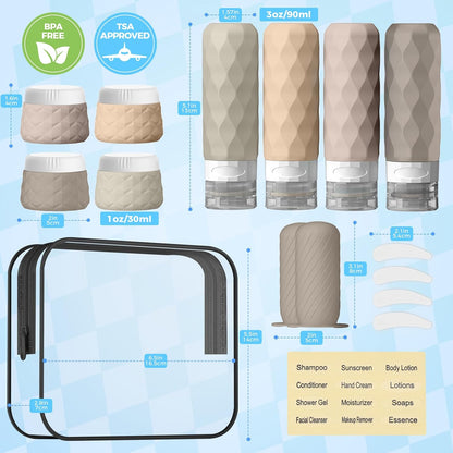 16Pack Travel Bottles for Toiletries, TSA Approved Travel Size Toiletries Containers Set, Silicone Leak Proof Refillable Bottles Elastic Sleeves Creams Jars Accessories Kit W/Clear Bag (Cream)