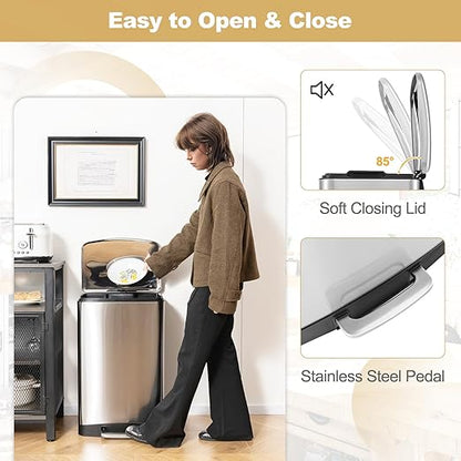 S AFSTAR 13.2 Gal Step Trash Can, 50 Liter Stainless Steel Pedal Trash Bin W/Lock Device & Soft Closing Lid, Recycling or Waste Bin, Rectangular Hand-Free Step-on Garbage Bin for Kitchen Home Office