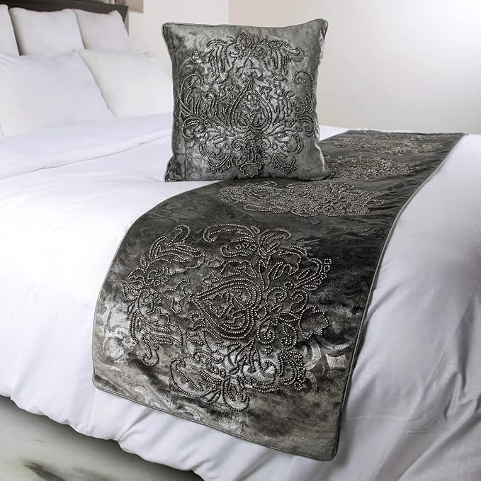 HomeCentric Designer Handmade Bed Runner and Throw Pillow Cover, 74 x 18 Inch Damask Foil Velvet and Embroidery Bed Linen
