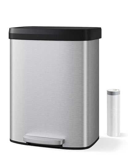 16 Gallon (60 l) Trash Can, Stainless Steel Kitchen Garbage Can, Recycling or Waste Bin with Liner Rim, Rear Handle, Soft Close Plastic Lid Step-on Pedal, Removable Inner Bucket