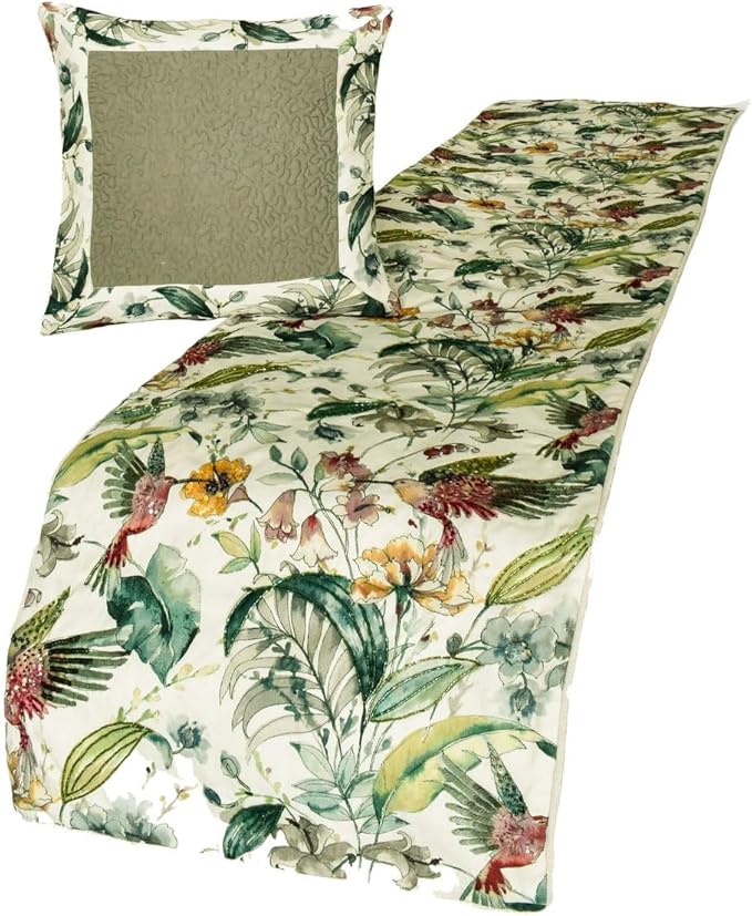 The HomeCentric King Queen Twin Ivory & Multi Designer Queen 74"x18" Bed Runner Without Pillow Cover, Bird, Sequins & Beaded Bed Scarf on Cotton Fabric - Exotic Birds