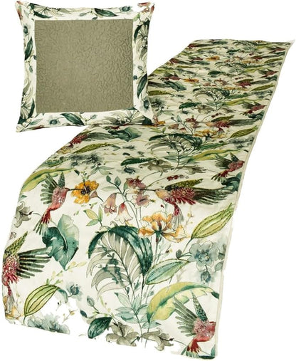 The HomeCentric King Queen Twin Ivory & Multi Designer Full 68"x18" Bed Runner with Pillow Cover, Bird, Sequins & Beaded Bed Scarf on Cotton Fabric - Exotic Birds