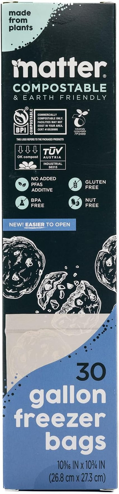 Matter Compostable Gallon Freezer Bags for Food Storage, Eco-Friendly, Resealable, Food Storage Bags, 30 Count