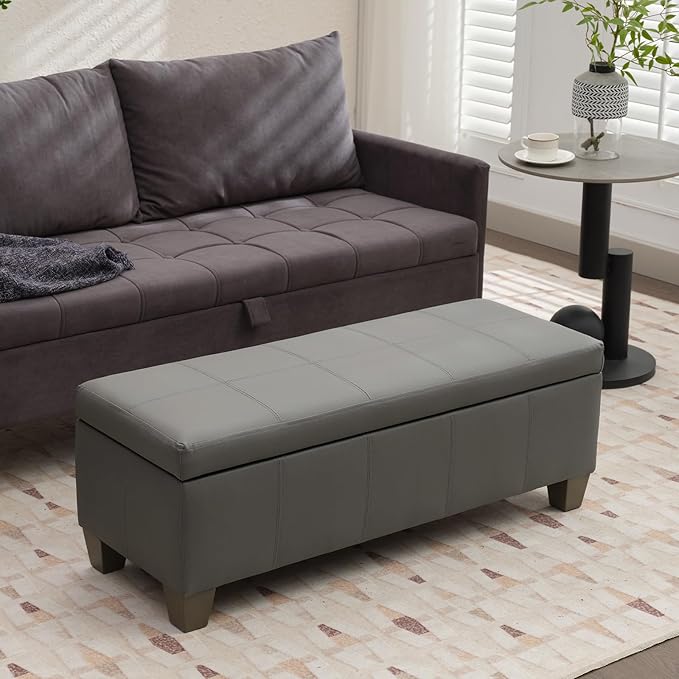Grey Faux Leather Ottoman with Storage, Rectangular Extra Long Storage Bench for Bedroom and Living Room