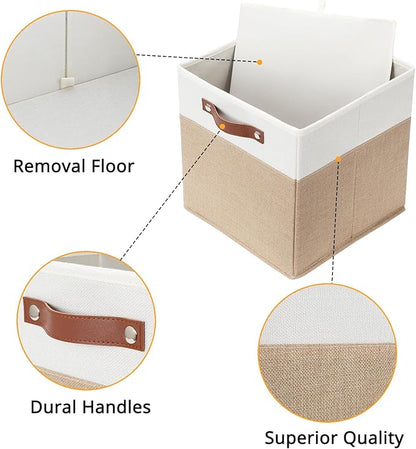 DULLEMELO Cube Storage Bins,12 x 12 x 12 inch Fabric Storage Cubes for Organizing,Collapsible foldable Linen Canvas Closet Storage Bins for Shelves Closet Bedroom Toys Home Office(White&Khaki-4 Pack)