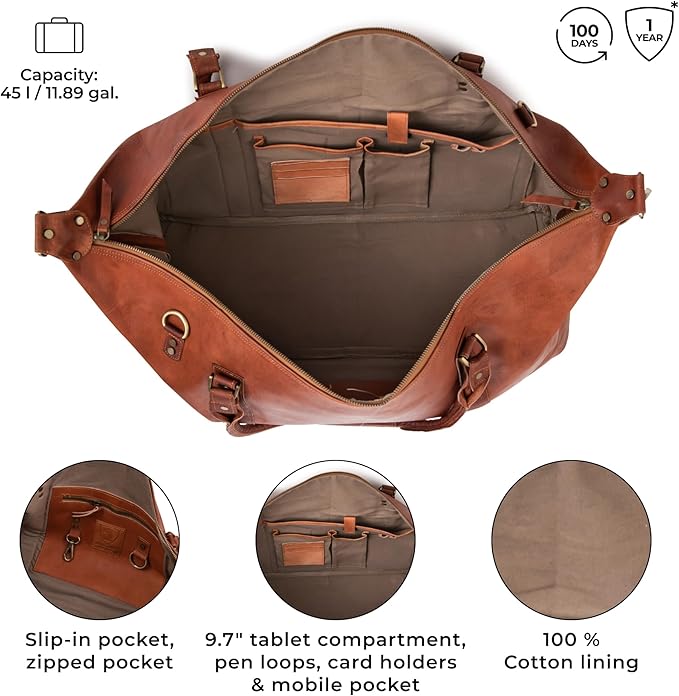 Berliner Bags Vintage Leather Duffle Bag München for Travel or the Gym, Overnight Bag for Men and Women - Brown (Cognac)