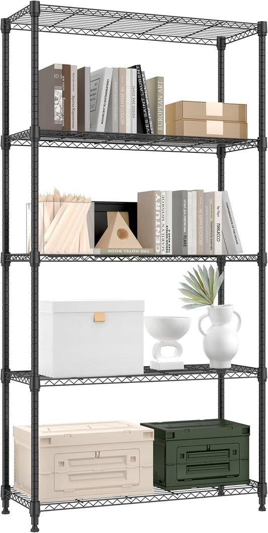 1250 lbs 5 Tier Shelf Metal Storage Shelves Shelving Wire Rack Heavy Duty Closet Organizers for Garage Kitchen Bathroom Laundry Black 13.8" D x 35.4" W x 68.5" H