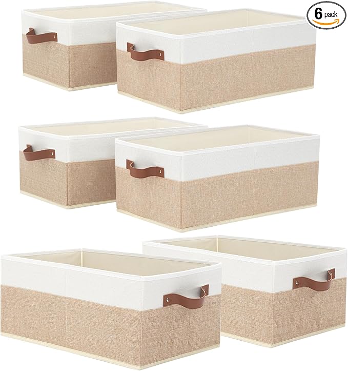 6 Pack Fabric Storage Bins, Large Storage Baskets for Shelves, Foldable Closet Organizer Storage Boxes with Leather Handles for Clothes, Sheets, Jeans, Toys, Books (Beige and White)