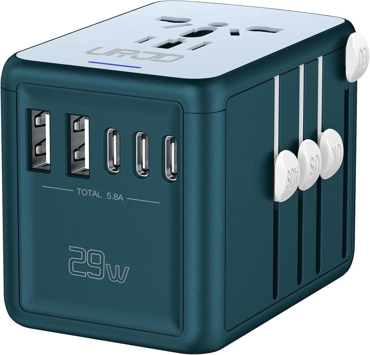 Universal Travel Adapter with 6.0A 3X 3.0A USB-C Ports, 2X 2.4A USB-A Ports and Multi AC Outlets, International Power Plug Adapter Worldwide Travel Charger for EU UK AUS USA (Type C/G/I/A Plug)