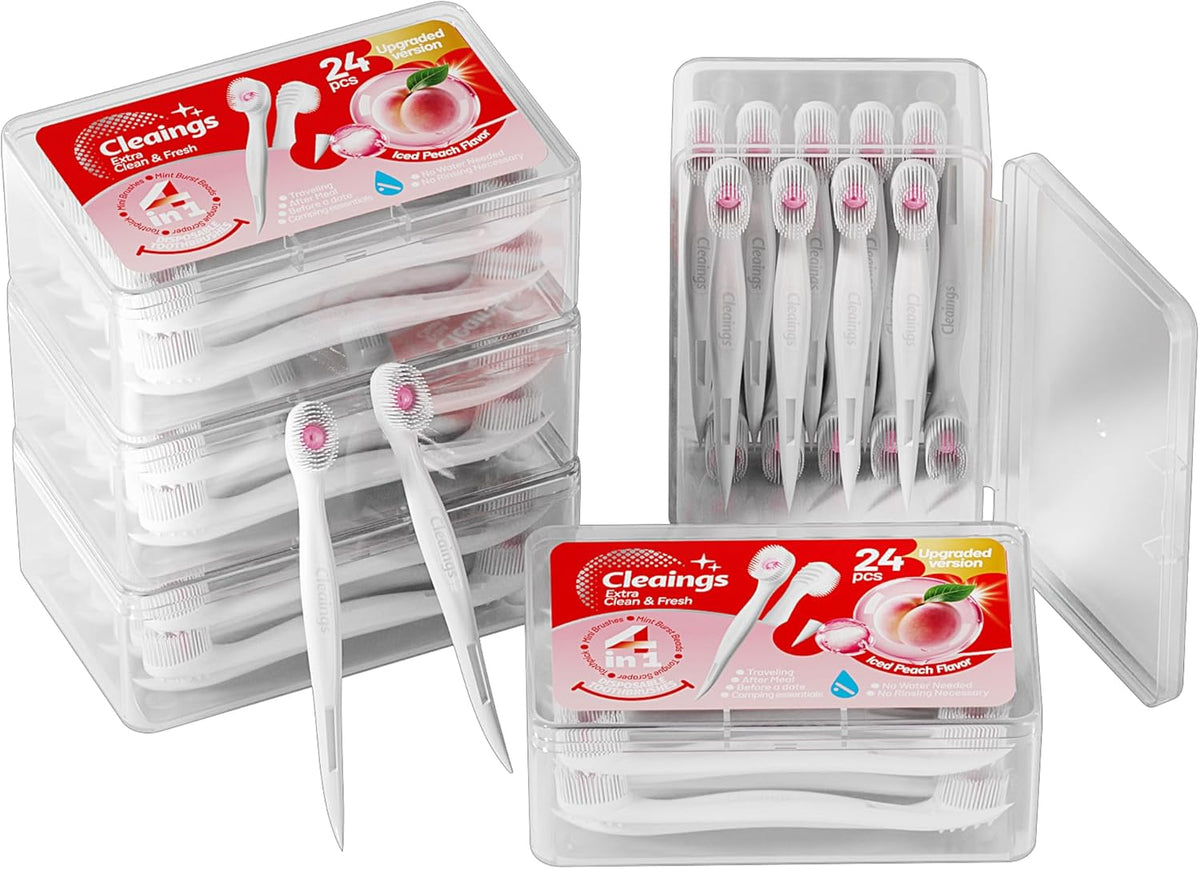 cleaings® Mini Disposable Toothbrush Set with Toothpaste – Travel Essentials, Portable Toothbrush for Women & Men, Camping, Road Trip, Vacation, 24 Count-Ice Peach Flavor（Pack of 5）