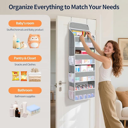 Yecaye Over The Door Organizer, Heavy Duty Hanging Organizers and Storage with 4 Large Capacity Pockets, Swing-Proof Behind The Door Storage for Bathroom Nursery Bedroom Dorm Closet, Grey