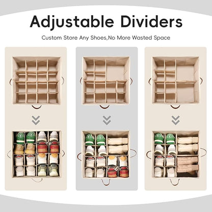 Shoe Organizer for Closet, 3 Pack Shoe Storage Bins with Clear Cover, Adjustable Dividers Fits 24-48 Pairs, Beige
