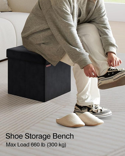 Folding Storage Ottoman, Velvet Storage Bench, Footrest, Footstool, for Living Room, Bedroom and Office,15 x 15 x 15 Inches, 300 kg Load Capacity, Ink Black,UASND04B