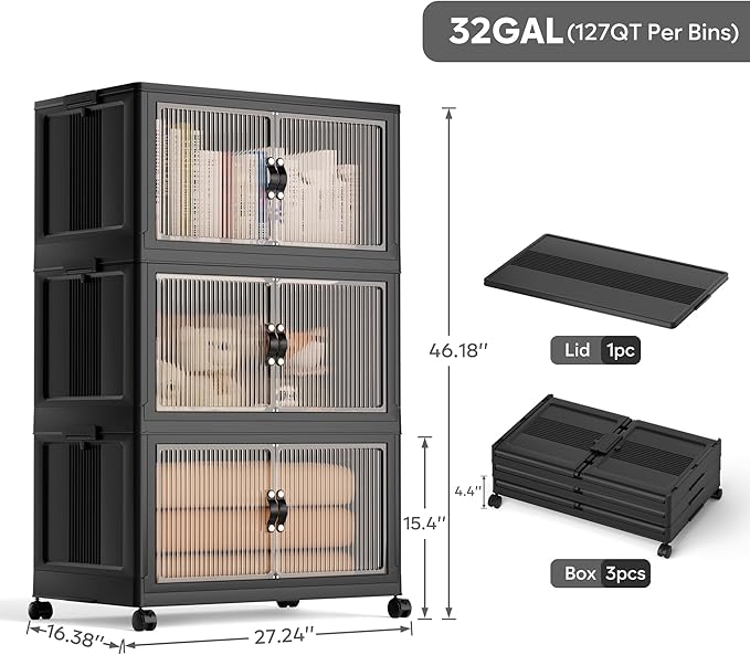 Jalove 90Gal Large Storage Bins with lids, 360QT Plastic Stackable Storage Containers with Wheels, Collapsible Closet Organizer and Storage Drawers,Clothes Organization for Cabinet Home, 3Pack Black