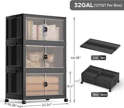 Jalove 90Gal Large Storage Bins with lids, 360QT Plastic Stackable Storage Containers with Wheels, Collapsible Closet Organizer and Storage Drawers,Clothes Organization for Cabinet Home, 3Pack Black