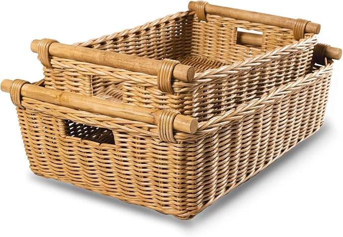 The Basket Lady Low Pole Handle Wicker Storage Basket, Extra Large, 21.5 in L x 14.5 in W x 6.5 in H, Sandstone