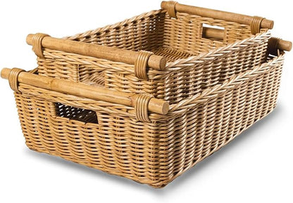 The Basket Lady Low Pole Handle Wicker Storage Basket, Extra Large, 21.5 in L x 14.5 in W x 6.5 in H, Sandstone