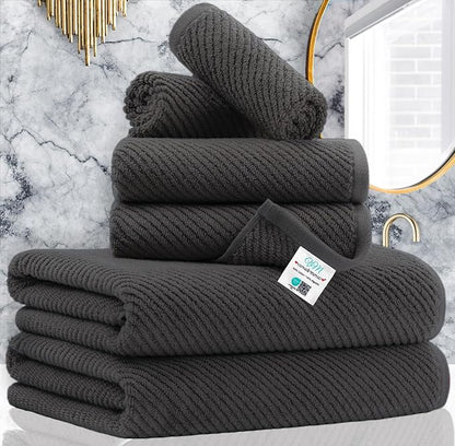 VOOVA & MOVAS Gray Towels - 100% Cotton | Lightweight | Quick Dry | Thick | Soft, Towel Set of 6, 2 Large Bath 30" x 56", 2 Hand 18" x 28", 2 Washcloths 13" x 13", Towel Gift Set, Dark Grey
