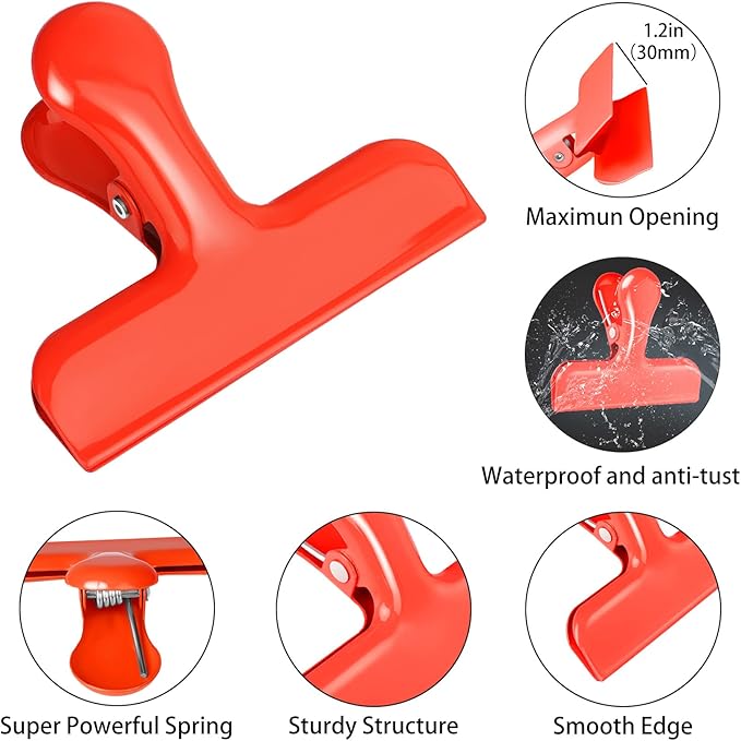 Bag Clips Heavy Duty Stainless Steel Chip Clips, Food Bags Clamp Great for Kitchen Office to Seal Coffee Bags, Paper Sheets - Pack of 8（Red）