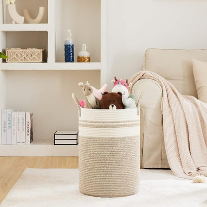 Large Laundry Hamper, Tall Woven Storage Basket for Blankets, Cotton Baby Nursery Hamper, Toys and Dirty Clothes in Bedroom and Living Room Organizing - 58L Brown & White