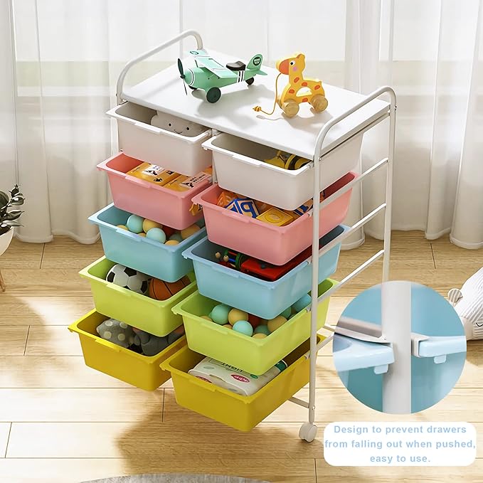 10 Drawers Rolling Storage Cart, Plastic Drawer Cart with Metal Frame, Multipurpose Art Craft Cart Organizer with Wheels, Utility Cart with Drawers for Home, Office, School, Multicolor