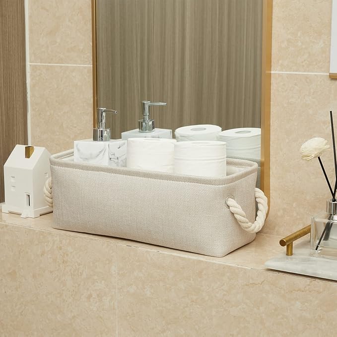 Temary Small Fabric Storage Baskets for Storage Home, Narrow Rectangle Basket with Rope Handles, Decorative Basket for Organizing Toilet Tank Top, Towels, Toilet Paper (Beige, 15Lx6Wx5.5H Inches)