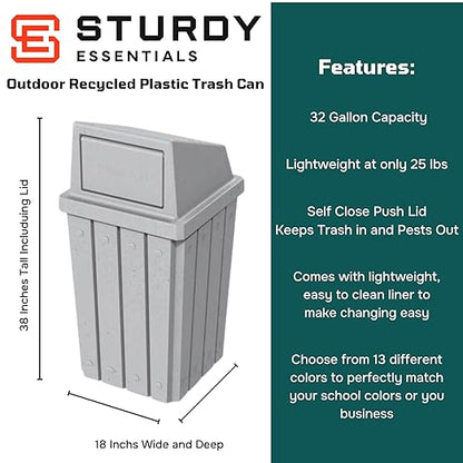 32 Gallon Square Slatted 100% Recycled Plastic Heavy-Duty Commercial Outdoor and Indoor Trash Can with Push Top Lid | Great for Schools and Businesses - Light Granite