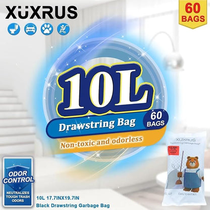 XUXRUS 2.6-3 Gallon Black Bathroom Drawstring Trash Bags - 60 Count Folded Small Garbage Bags, Tear-Resistant & Leak-Proof, Odor Control Liners for Bathroom, Kitchen, Office – Heavy Duty Trash Bags