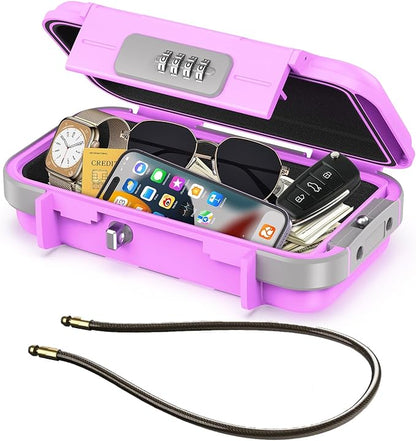 LOFICOPER Portable Safe Box, Travel Safe Lock Box, Waterproof Beach Lock Box, Personal Security Case, with Combination Code, Detachable Steel Rope, for Travel, Beach, Hotel, Home, Office, Pink