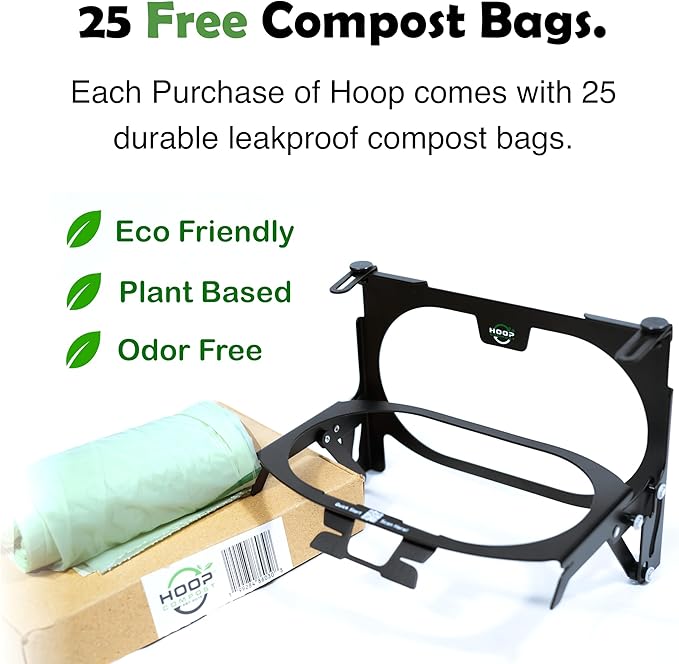 Hoop Metal Compost Bag Holder + 25 Compost Bags 3 Gallon, Clips to Kitchen Trash Can, Kitchen Cabinet Door, Replaces Countertop Compost Bin, Hanging Trash Can.