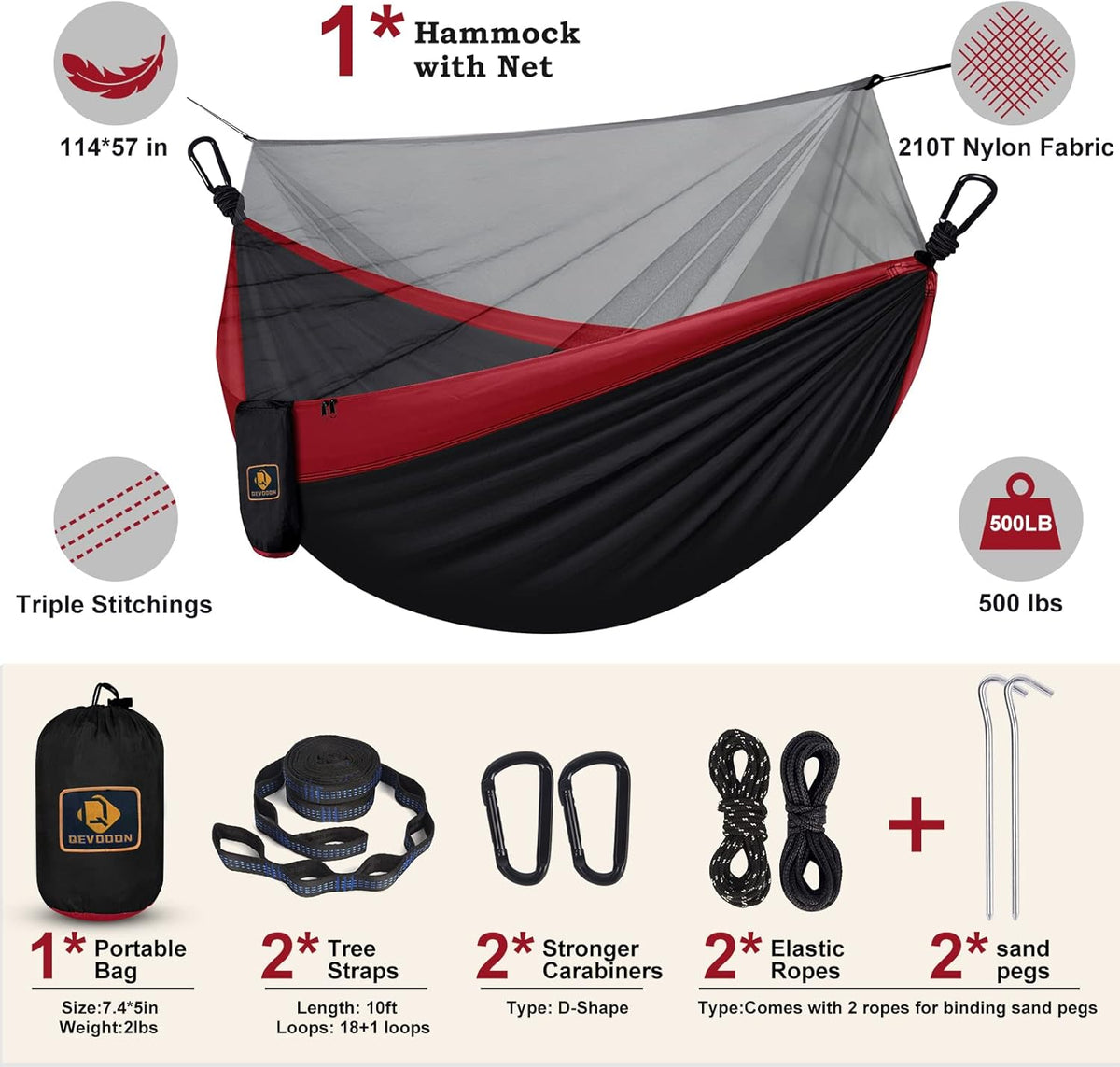 Camping Hammock with Net,Travel Portable Lightweight Hammocks with Tree Straps and Solid D-Shape Carabiners,Parachute Nylon Hammock for Outsides Backpacking Beach Backyard Patio Hiking