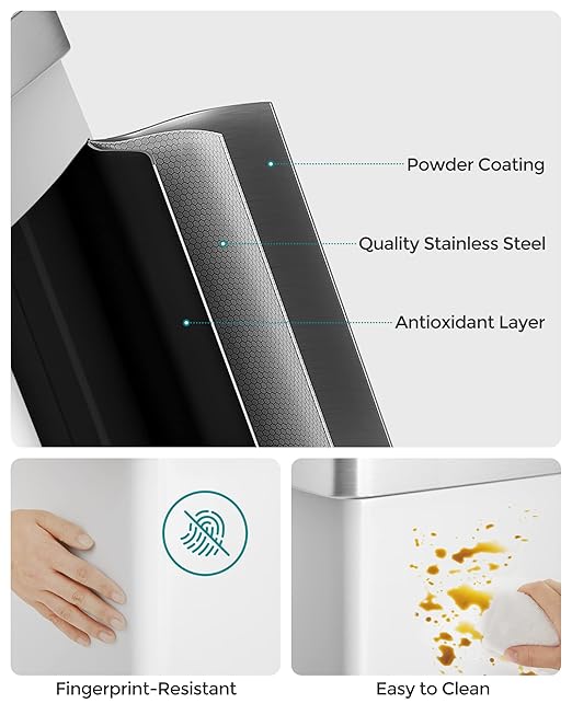 SONGMICS Kitchen Trash Can, 16 Gallon (2 x 8 Gallon) Dual Compartment Garbage Can, 60L Pedal Recycling Bin, Stays Open and Soft Close, Stainless Steel, 15 Bags Included, Cloud White ULTB202W01