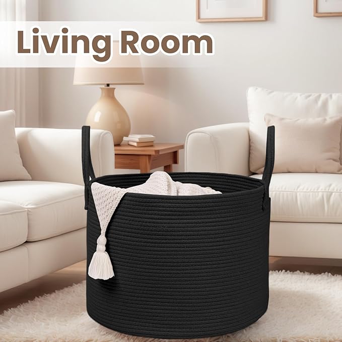 Woven Blanket Basket,115L Large Rope Storage Bin with Handles, Organizer for Blankets Toys Book and Clothes, Laundry Basket for Living Room Bedroom Nursery,Black